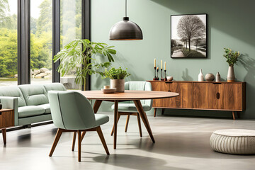 Mint color chairs at round wooden dining table in room with sofa and cabinet near green wall. Scandinavian, mid-century home interior design of modern living room. - obrazy, fototapety, plakaty