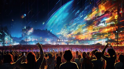 An image of a lively crowd at a festival with holographic screens, symbolizing the fusion of tradition and technology in cultural celebrations. Generative AI