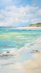 Obraz premium Oil color painting of wild sandy shore with birds flying view hd phone wallpaper ai generated