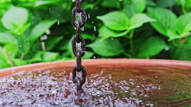 Rain chain with water tank in green garden