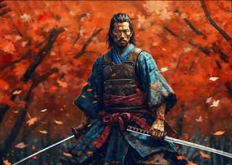 Samurai Kämpfer mit Schwert - unter roten Bäumen