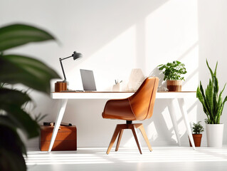 Modern home office with wooden desk and office chair against of white wall. Scandinavian interior design of modern living room with comfortable workplace.