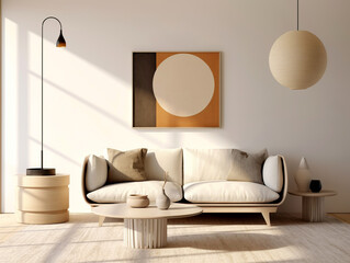 Scandinavian home interior design of modern living room. White sofa and round coffee table against wall with poster frame.