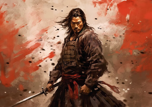 Samurai K&auml;mpfer mit Schwert - konzentriert vor dem Kampf