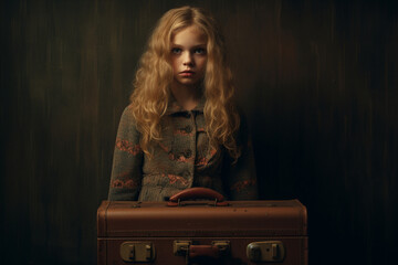 Unrecognizable girl and retro vintage suitcase, dark mood