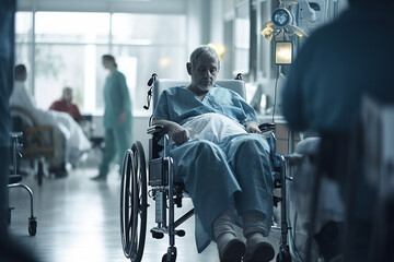 Unrecognizable healthcare worker and paralysed senior patient in hospital - obrazy, fototapety, plakaty
