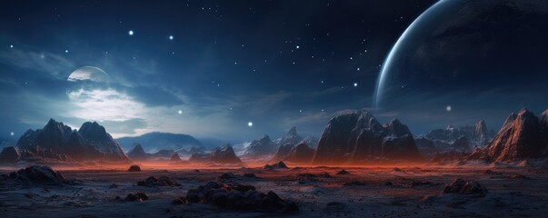 Landscape scenery in space on Mars with universe an other life, panorama. Generative Ai.