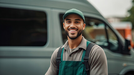A smiling male delivery worker in front of his van. Transport. Generative Ai