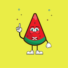 Cute watermelon fruit character with scared face and pointing up