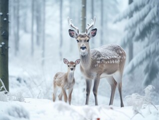 Reindeer and a calf in the snow, christmas postcard