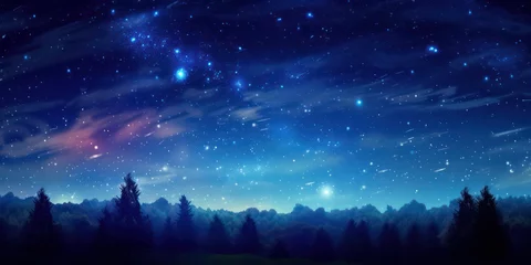 Printed roller blinds Fantasy Landscape Abstract time lapse night sky with shooting stars over forest landscape. Milky way glowing lights background.