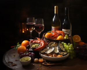 Food layout seafood with lemon and wine.