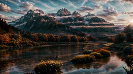 ULTRA Resolution - Stunning landscape with stunning sunset, reflecting water and green trees, clouds, mountains, wooden huts, flowers, sun rays