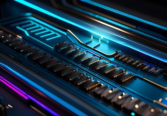 Elektronik - Technik - KI generierte Illustration von einer computerplatine mit prozessoren in blauem Licht