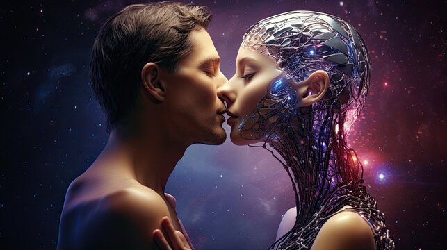 Artificial intelligence and a human kissing each other. Can artificial intelligence feel emotions?