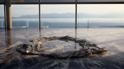 circle made of sand on large marble floor in large room with the view at the sea