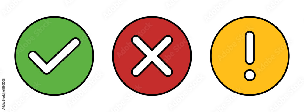 Poster right wrong and exclamatory symbol icon set in black and white. right, wrong, exclamation vector set
