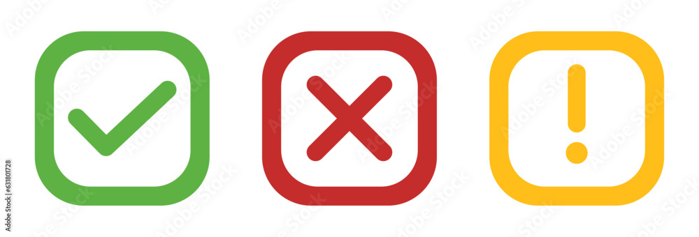 Aufkleber right wrong and exclamatory symbol icon set in black and white. right, wrong, exclamation vector set