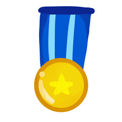 gold medal with blue ribbon