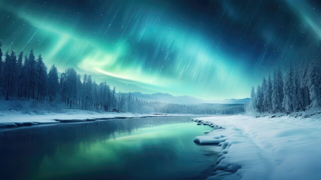 Northern Lights in a snowy landscape, Generated AI