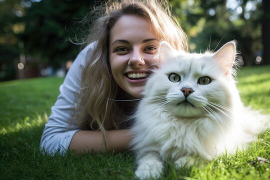 laughing woman and her cat lying on the drass together, top view, AI Generated
