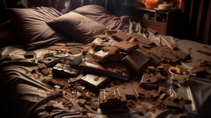 melted chocolate bars mess on bed