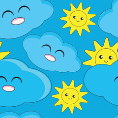 Fototapeta na wymiar Cute kawaii smiling cloud and yellow sun seamless pattern on a blue background. Summer, nature. Hand-drawn geometric seamless pattern. Vector illustration.