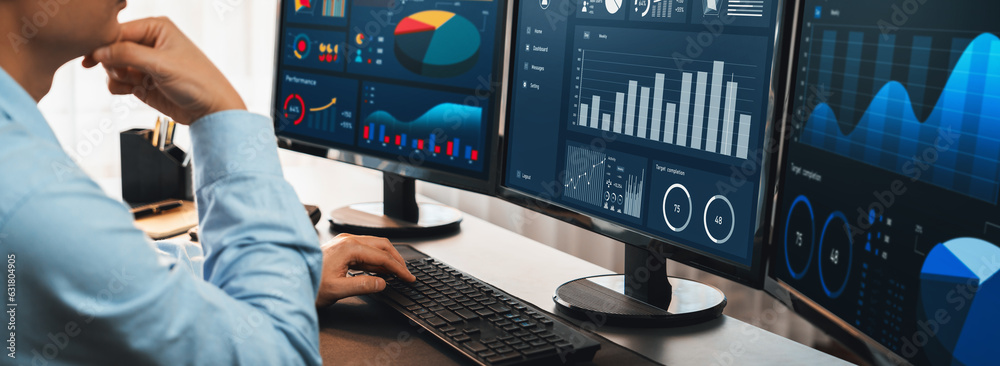 Poster analyst working on data analysis or bi dashboard on computer monitor. businessman analyzing financia