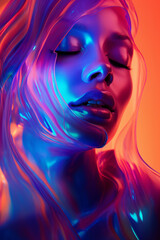 Creative fluid close-up composition of a beautiful woman's face illuminated by colorful neon lights. Generative AI.