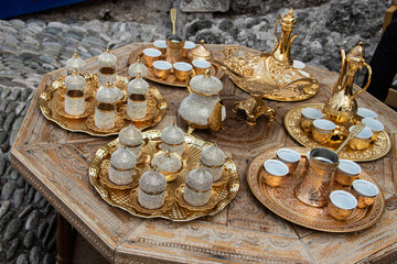 Turkish delight cups, pots, tea kettles and souvenirs are made of copper. Mostar city in Bosnia and...