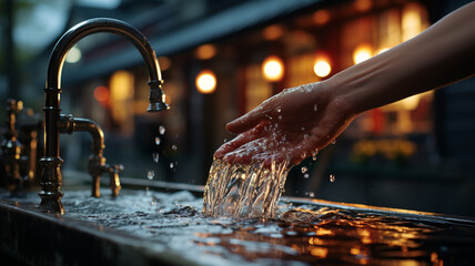 close up of hands washing the tap with wate.generative ai