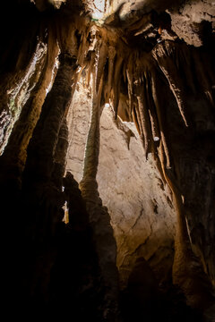 A beautiful Resava cave in Serbia,  massive columns of stalagmites and stalactites and colonnades to small tubs with pearls on the cave bottom. morphological, hydrographic and microclimatic features