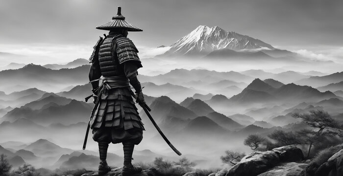 immagine primo piano di antico guerriero samurai che osserva una vallata nebbiosa e montagne all'orizzonte