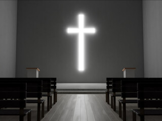 Generic modern church 3d rendering, large glowing christian cross in dark interior. Contemporary pray house illustration, religious themes