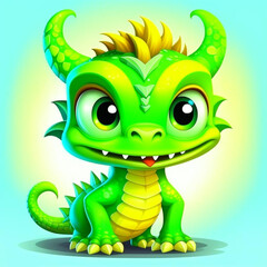 Obraz premium Cartoon drawn young green dragon, with big eyes, smiling.