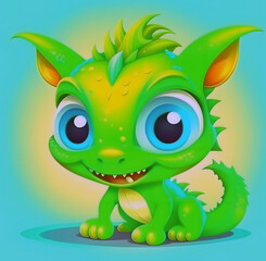Obraz premium Cartoon painted green dragon, with big eyes, smiling on a blue background.