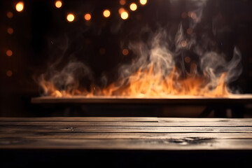 empty wooden table with blurred background and flames