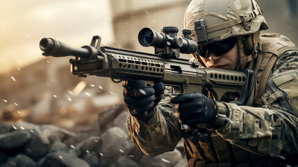 Fototapeta na wymiar soldier with a machine gun with an optical sight close-up. Generative Ai.
