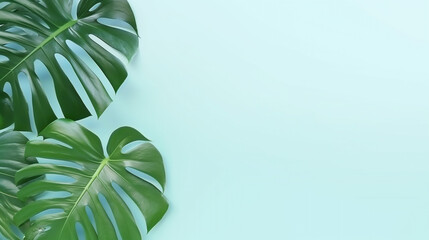 monstera leaves close-up on a light blue background with empty space to insert top view. Generative Ai.