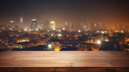 Fototapeta na wymiar Empty wooden table with city night view background, for product display