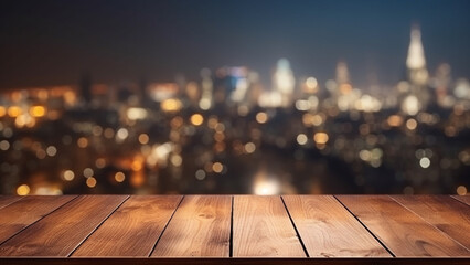 Empty wooden table with city night view background, for product display