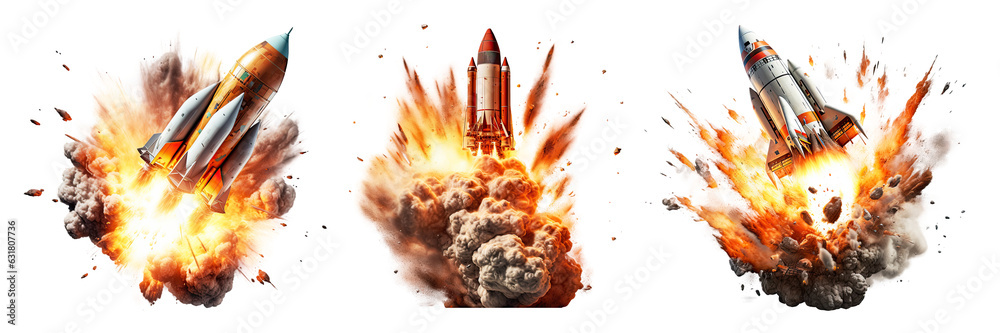 Wall mural set of rocket launch isolated on white background - generative ai