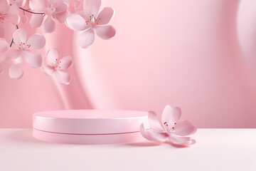 Minimal pink product podium with petals falling for beauty, cosmetic product presentation.Created with Generative AI technology