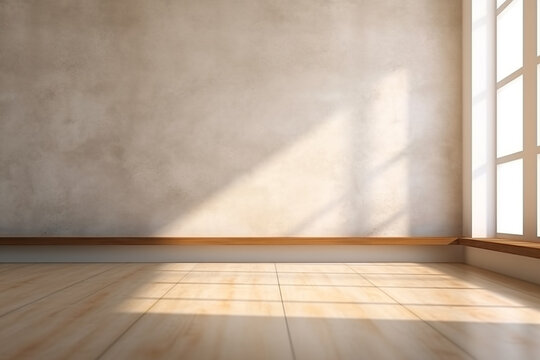Minimal model empty white room with wood floor and light from windows.modern,Minimal background for products presentation.Created with Generative AI technology