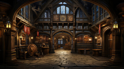 Tudor style, House Fantasy background, Creating antique design of Indoor Spaces architecture decorate vintage concept