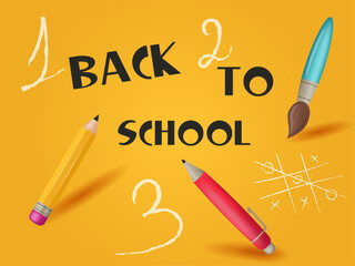 back to school vector illustration with pencil, pen, paintbrush and numbers on an orange background