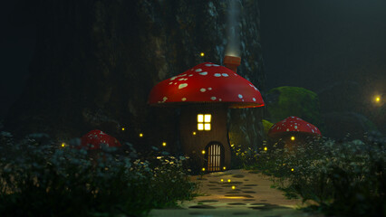A magical cartoon mushroom house in a fantasy night forest. 3d illustration