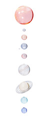 A set of shiny and glossy multicolored glass balls in the shape of planets isolated on a white background. 3d illustration