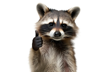 A raccoon giving a thumbs up isolated on white background - Generative AI - obrazy, fototapety, plakaty