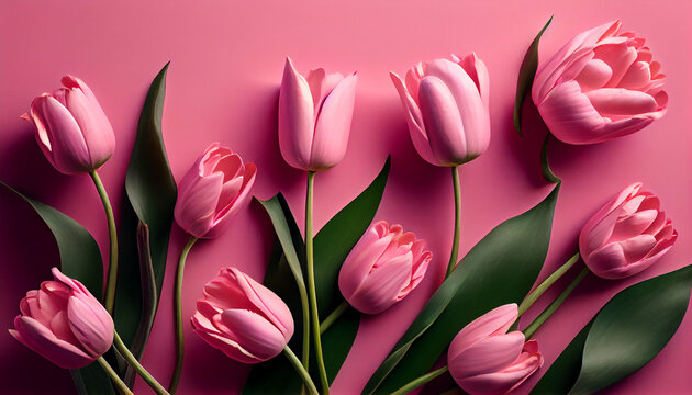  Pink tulips on pink background. Top view, flat lay, bouquet of tulips, Ai generated image 